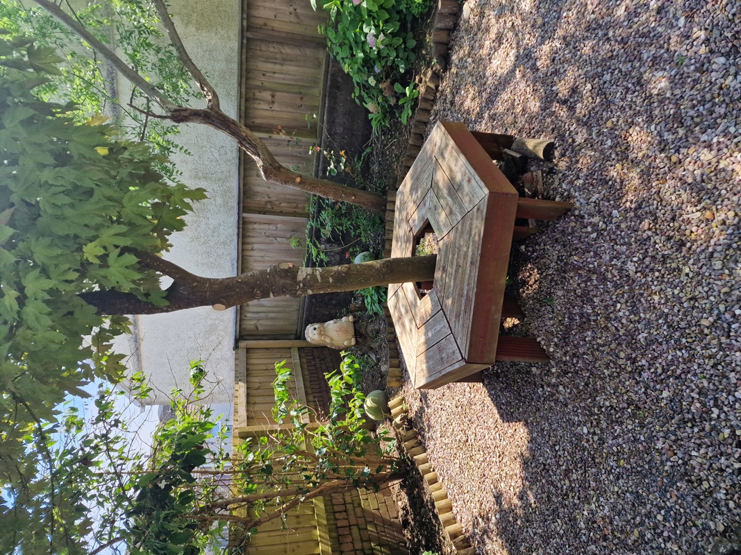 Garden at Hazeldene with a wooden picnic table, mature tree and hedgehog ornament on gravel