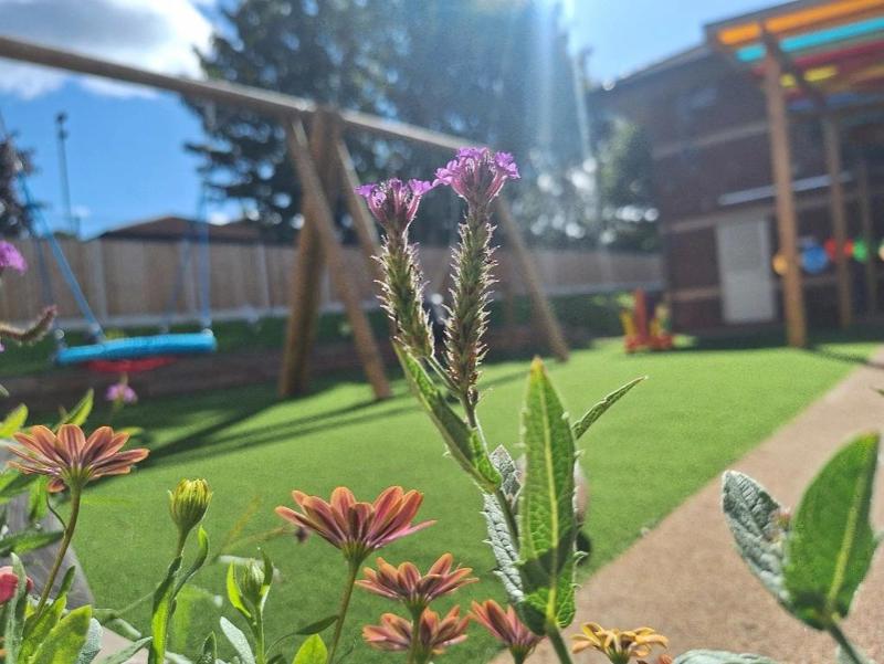 Colourful plants in the foreground with a play area in the background