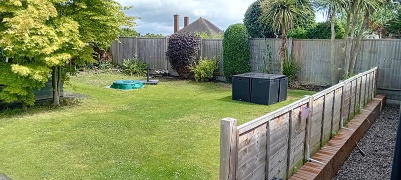 Enclosed back garden with lawn, wooden fencing and palm trees at Clairmont family assessment centre