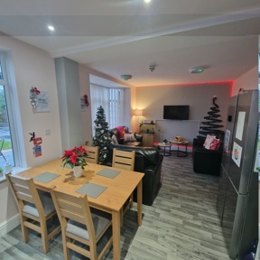 Open-plan lounge and dining area at Birchwood House with a dining table, sofas and festive decorations