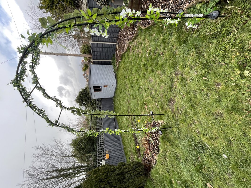 Rear garden at Glanmore with a lawn, planted borders, a metal garden arch and a grey timber shed