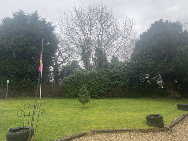 Garden at Maple Leaf Lodge with a lawn, flagpole, planted tyres and mature trees