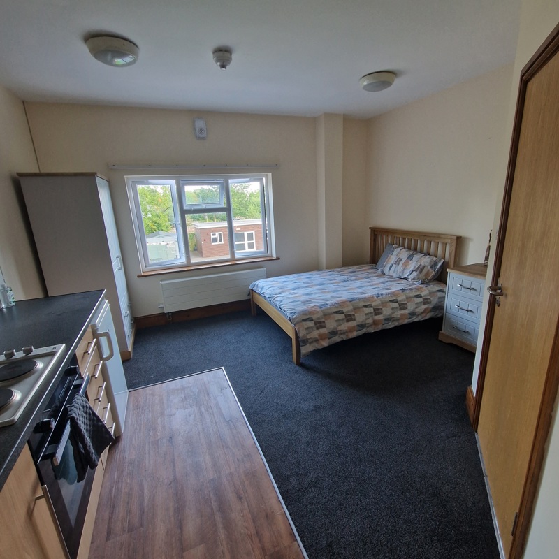 Studio bedroom at Birchwood House with a double bed, kitchenette and large garden-view window