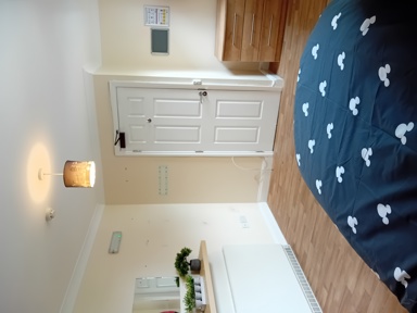 Bedroom at Eynesbury House with patterned navy bedding, a bedside lamp and wood-effect flooring