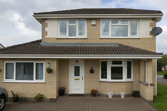 Front exterior of Cae Eithin, a yellow-brick detached house with a white front door, bay windows and a paved drive