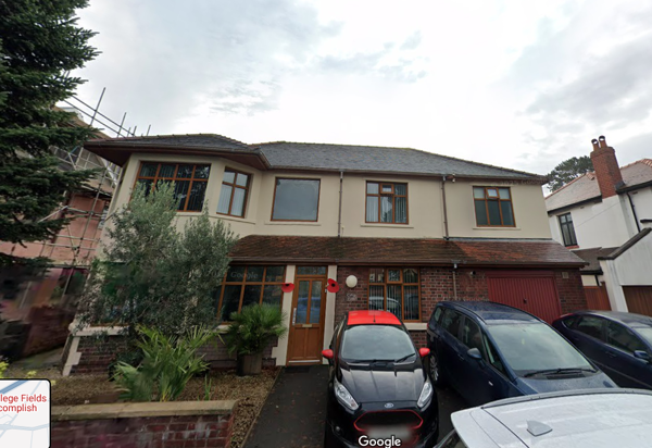Street-view exterior of College Fields, a large detached house with cars parked on the driveway